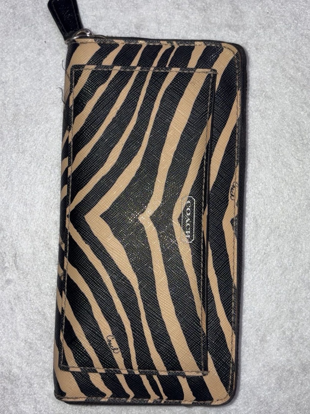 Coach Zebra-Print Zip Card Holder - Black & Tan